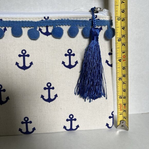 Anchor Pouch PomPom Canvas Navy Blue Nautical Print Zippered Storage Travel Bag - Picture 4 of 4